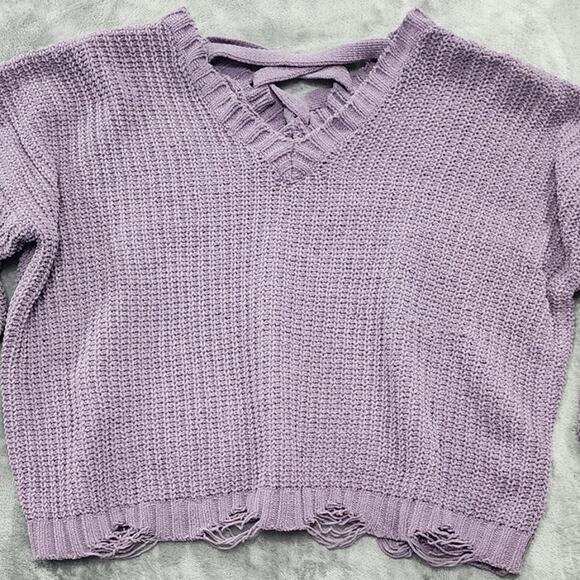 Derek Heart Sweater Women XL Purple Distressed V-Neck Crop Pullover Lace Up Back - Picture 2 of 10